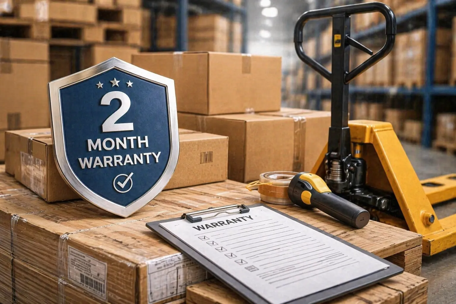 2-month warranty badge with warranty document and pen